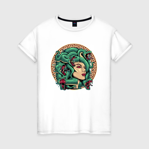 Женская футболка из хлопка с принтом Горгона Медуза голова, вид спереди №1