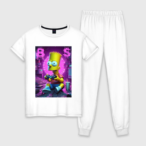 Женская пижама хлопок с принтом Bart Simpson - cool gamer, вид спереди #2