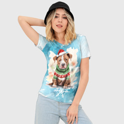 Женская футболка 3D Slim Питбуль в новогоднем костюме - фото 2