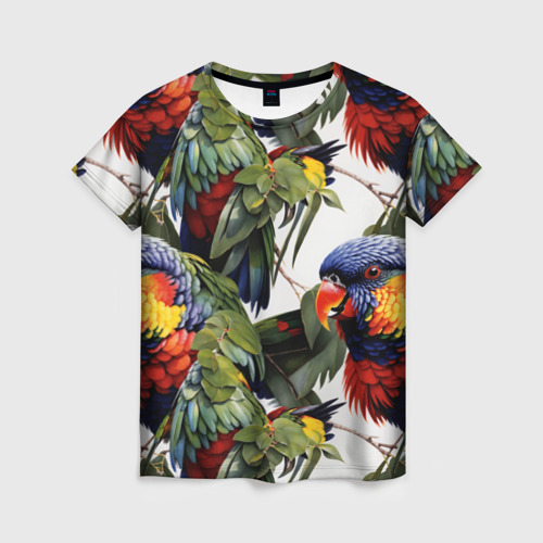 Женская футболка с принтом Яркие попугаи, вид спереди №1