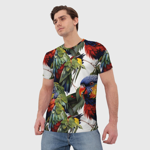 Мужская футболка 3D с принтом Яркие попугаи, фото на моделе #1