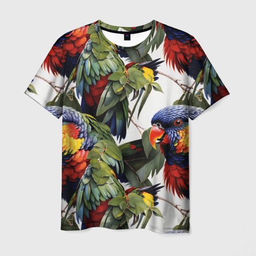 Мужская футболка 3D с принтом Яркие попугаи, вид спереди #2