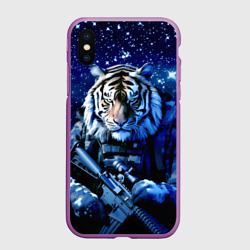 Чехол для iPhone XS Max матовый Тигр солдат снег и звезды