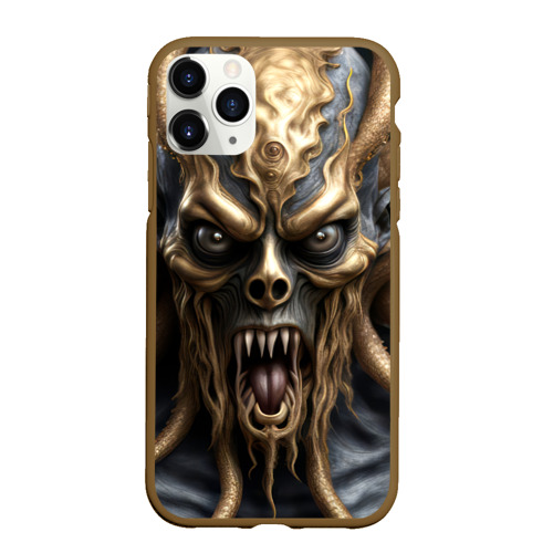 Чехол для iPhone 11 Pro Max матовый с принтом Черно золотой монстр - морской дьявол Ктулху, вид спереди #2