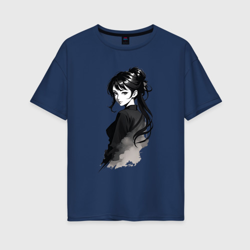 Женская футболка хлопок Oversize Девушка в черном, цвет темно-синий