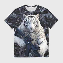 Мужская футболка 3D Белый тигр солдат