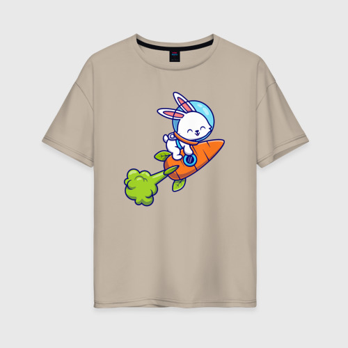 Женская футболка хлопок Oversize Кролик на морковной ракете, цвет миндальный