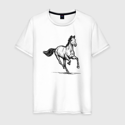 Мужская футболка из хлопка с принтом Лошадь на скаку, вид спереди №1