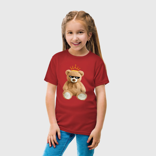 Детская футболка хлопок с принтом Плюшевый медвежонок в очках и короне, вид сбоку #3