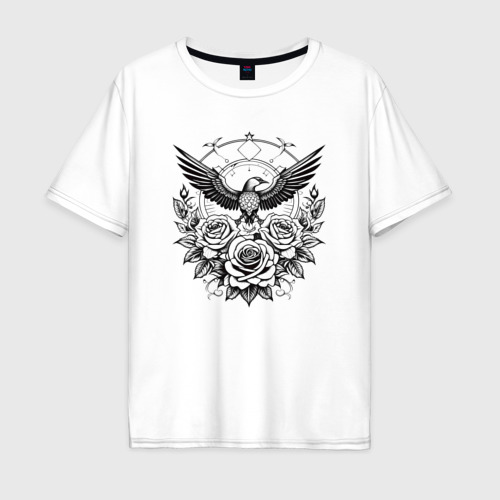 Мужская футболка оверсайз из хлопка с принтом Цветы и птица, вид спереди №1