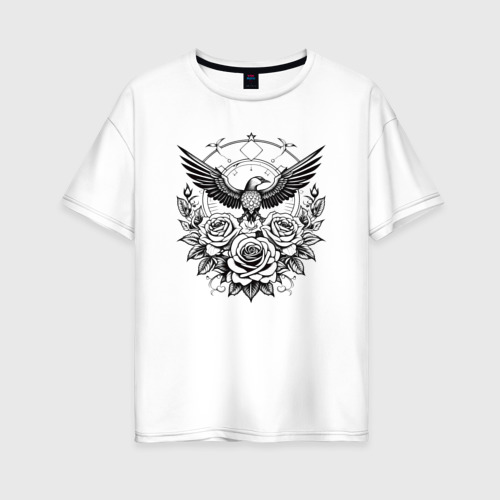 Женская футболка хлопок Oversize Цветы и птица , цвет белый