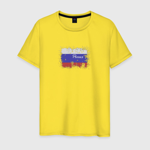 Мужская футболка хлопок Флаг России с эффектом разбрызганной краски, цвет желтый
