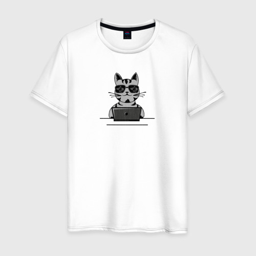 Мужская футболка из хлопка с принтом Котик хакер за ноутбуком, вид спереди №1