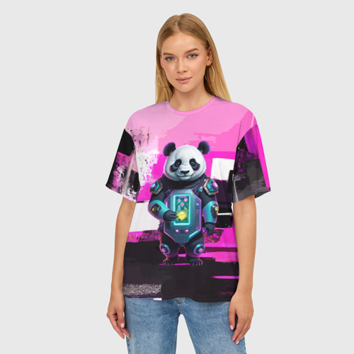 Женская футболка oversize 3D Funny panda - cyberpunk, цвет 3D печать - фото 3