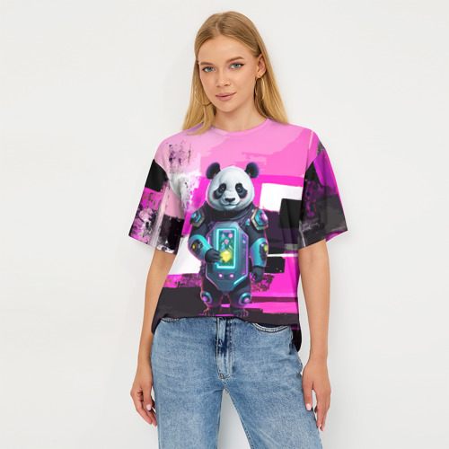 Женская футболка oversize 3D Funny panda - cyberpunk, цвет 3D печать - фото 5