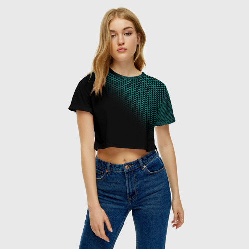 Женская футболка Crop-top 3D Неоновые соты чёрно-бирюзовый, цвет 3D печать - фото 3