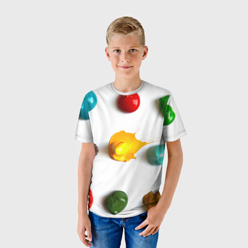 Детская футболка 3D с принтом Палитра красок на белом фоне, фото на моделе #1