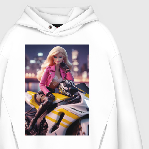 Oversize Barbie on a Kawasaki sports motorcycle