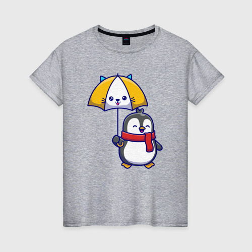 Женская футболка хлопок Пингвинчик под зонтом, цвет меланж