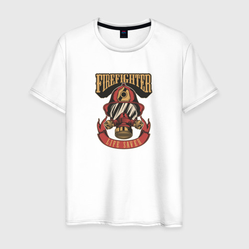 Мужская футболка из хлопка с принтом Спасатель пожарный, вид спереди №1