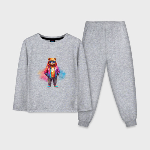 Детская пижама с лонгсливом хлопок с принтом Модный медведь, вид спереди #2