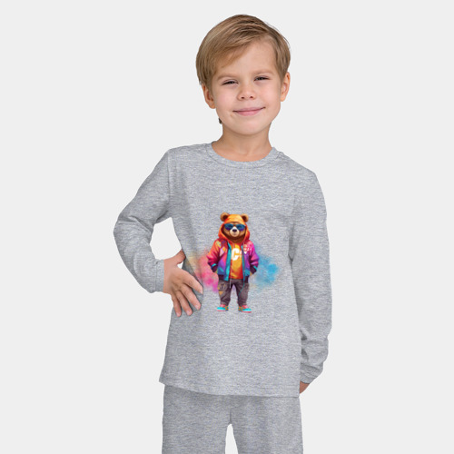 Детская пижама с лонгсливом хлопок с принтом Модный медведь, фото на моделе #1