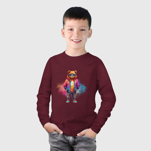 Детский лонгслив хлопок с принтом Модный медведь, фото на моделе #1
