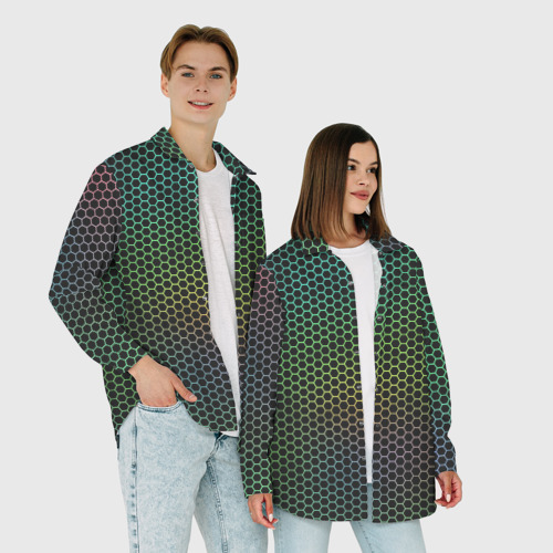 Женская рубашка oversize 3D Неоновые соты чёрный, цвет белый - фото 6