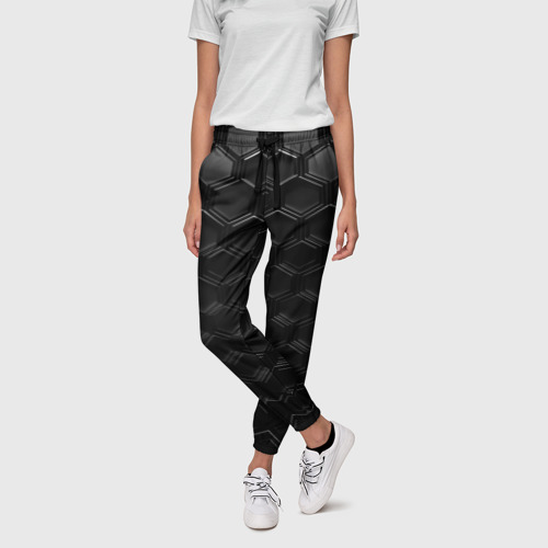Женские брюки 3D с принтом Чёрные текстуры соты, фото на моделе #1
