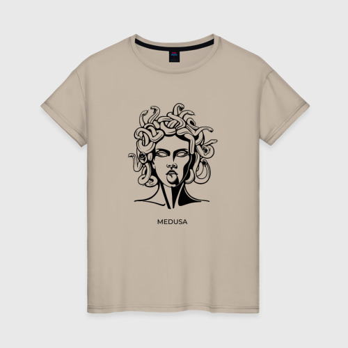 Женская футболка хлопок Медуза Горгона показывает язык, цвет миндальный