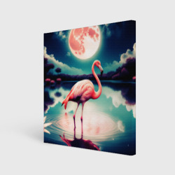 Холст квадратный Розовый фламинго на фоне луны