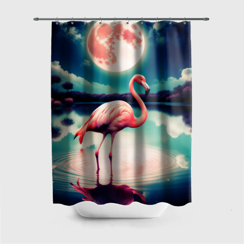 Штора 3D для ванной Розовый фламинго на фоне луны