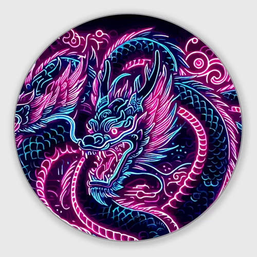 Круглый коврик для мышки Neon Japanese dragon - irezumi