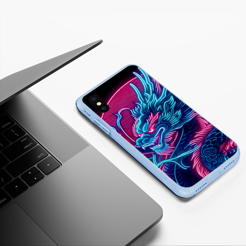 Чехол для iPhone XS Max матовый Свирепый японский дракон - ирезуми, цвет голубой - фото 5