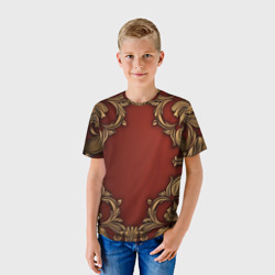 Детская футболка 3D Золотые  объемные узоры на красном фоне лепнина - фото 2