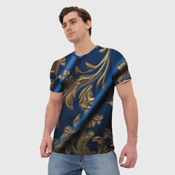 Мужская футболка 3D Лепнина узоры золотистые на синем  фоне - фото 2