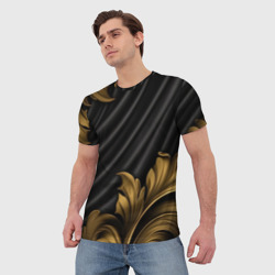Мужская футболка 3D Лепнина золотые узоры на черной ткани  - фото 2