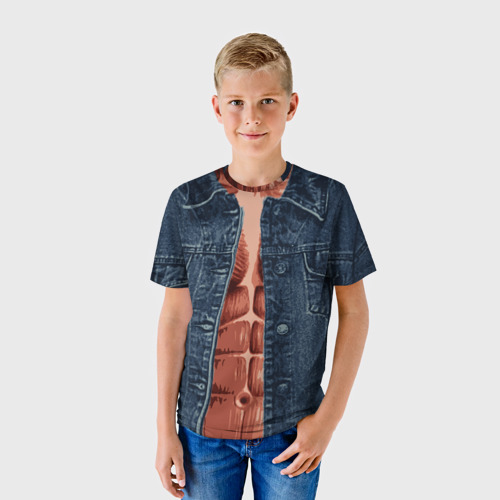 Детская футболка 3D Голый торс под джинсовкой, цвет 3D печать - фото 3
