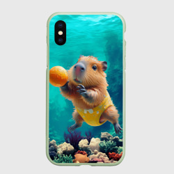 Чехол для iPhone XS Max матовый Капибара в желтых трусиках ныряет за апельсинной