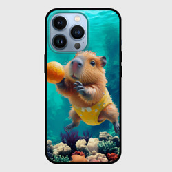 Чехол для iPhone 13 Pro Капибара в желтых трусиках ныряет за апельсинной
