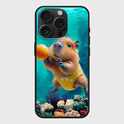 Чехол силиконовый для Apple iPhone 15 Pro матовый Капибара в желтых трусиках ныряет за апельсинной