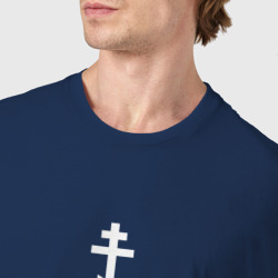 Футболка с принтом Православный крест для женщины, вид на модели спереди №4. Цвет основы: темно-синий