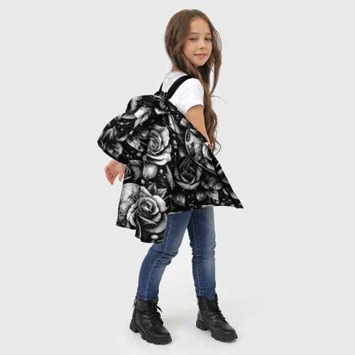 Зимняя куртка для девочек 3D с принтом Черно белое сердце и розы, фото #4