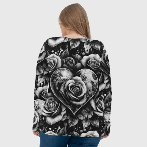 Женский лонгслив 3D с принтом Черно белое сердце и розы, вид сзади #2