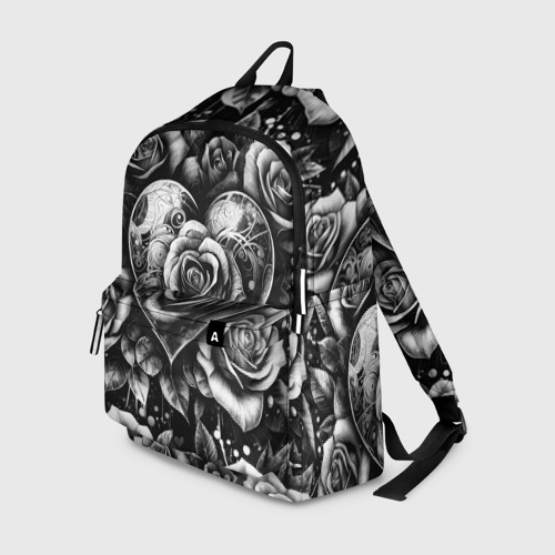 Рюкзак 3D с принтом Черно белое сердце и розы, вид спереди #2