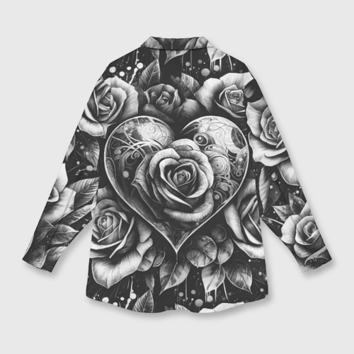 Женская рубашка oversize 3D с принтом Черно белое сердце и розы, вид сзади #1