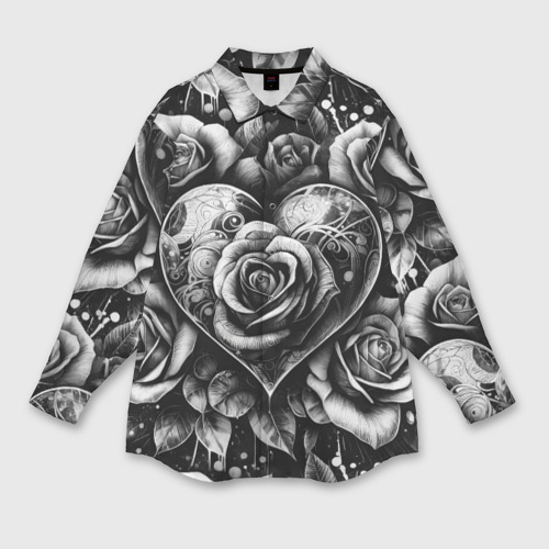 Женская рубашка oversize 3D с принтом Черно белое сердце и розы, вид спереди #2