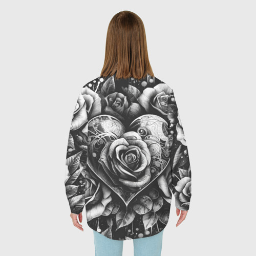 Женская рубашка oversize 3D с принтом Черно белое сердце и розы, вид сзади #2