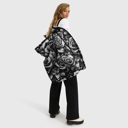 Женская зимняя куртка 3D с принтом Черно белое сердце и розы, вид сбоку #3
