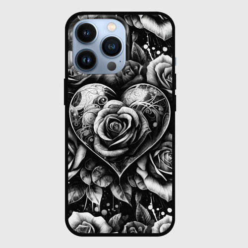Чехол для iPhone 13 Pro с принтом Черно белое сердце и розы, вид спереди #2